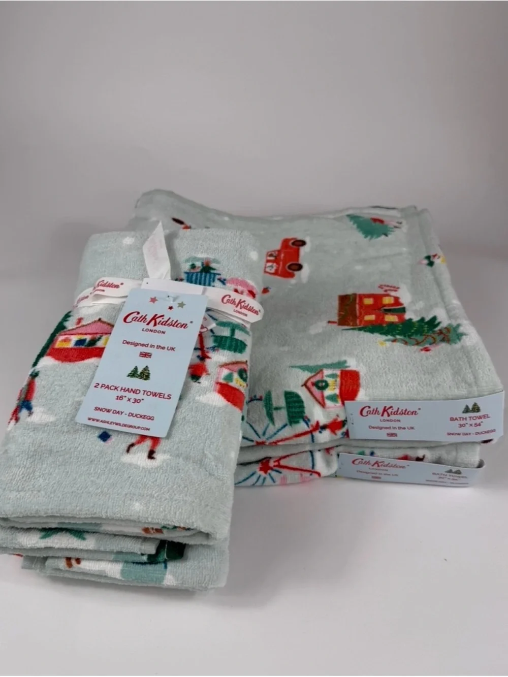4 PC Cath Kidston Snowy Day DuckEgg 2 Bath 2 Hand Towels Christmas Vintage Scene